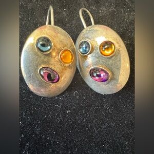 Vintage 925 Sterling oval cabochon gemstone hook earrings
